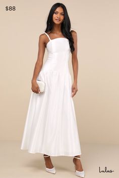 Contemporary aesthetics and timeless romance meet in the Lulus Modern Adoration White Satin Backless Lace-Up Maxi Dress! Sleek, slightly structured satin shapes this stunning dress that has a seamed bodice with a straight neckline and a flirty lace-up back, all supported by unique adjustable straps with a sculpted, bead-like effect. Drop waist lends a vintage-inspired flair to the silhouette, atop a twirl-ready maxi skirt. Hidden zipper/clasp at back. Fit: This garment fits true to size. Length: Drop Waist White Dress, White Drop Waist Dress, White Long Dress Casual, Unique White Dress, Ecclesiastes 4 12, Dress Drop Waist, White Satin Dress, Elegant White Dress, Casual Formal Dresses