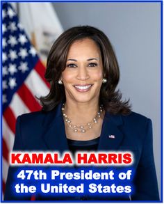 a woman smiling in front of an american flag with the words, kaala harris