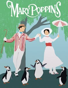 there is a man and woman dressed in costumes standing next to penguins with an umbrella