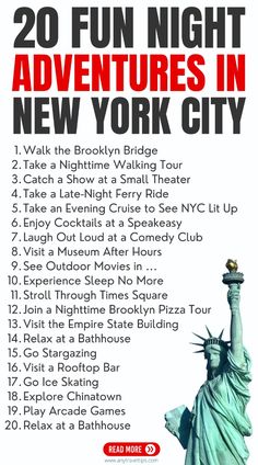 an advertisement for the new york city tour with statue of liberty in red and black