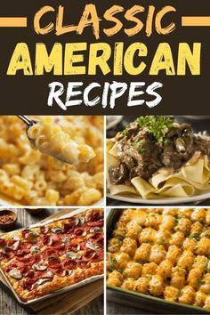 the cover of classic american recipes, including macaroni and cheese with meat on top