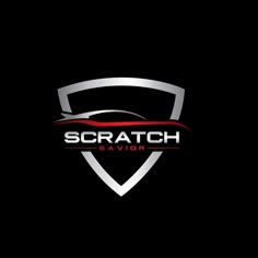 the logo for scratch savor is shown in black and silver with red stripes on it