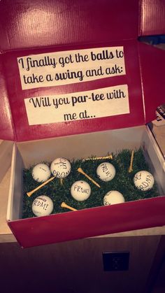 a box with golf balls and tees in it that says i finally got the balls to take a swing and ask will you pay - fee with me at?