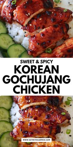 sweet and spicy korean chicken with cucumber on the side