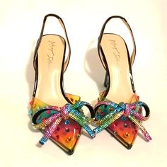 Betsey Johnson Drea Lucite Black Pattern Leather Colorful Rhinestone Bow Sling Back Shoes Sling Back Shoes, Back Shoes, Sling Back Heels, Red Bottom, Rhinestone Bow, Bow Shoes, How To Make Shoes, Betsy Johnson, Red Bottoms