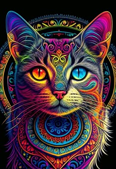 a colorful cat with blue eyes and an intricate design on it's face, in front of a black background