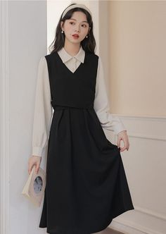 ❤︎Faux faux two-piece long slim dress❤︎ Two Peace Dress, Long Dress With Turtleneck Underneath, Long Black Party Dress, Long Slim Dress, Interview Clothes, Different Dress Styles, Cache Dress, Teacher Teaching, Layered Dress