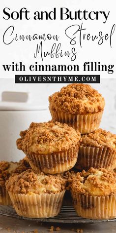 muffins stacked on top of each other with cinnamon crumb topping in the middle