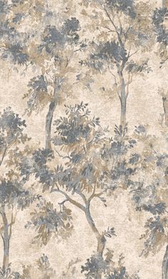 a wallpaper with trees on it in blue and beige colors, including the leaves