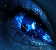 an eye is shown with blue lightening in the iris's eyes and lightning coming out of it