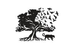 the silhouette of a tree with birds flying around it and a cat on the ground