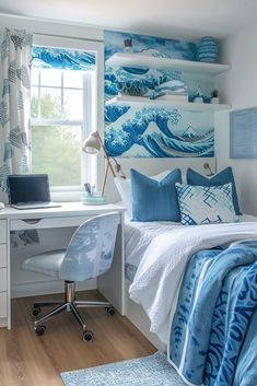 a bed room with a neatly made bed and a desk in front of a window