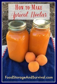 two jars filled with apricot sitting on top of a blue towel