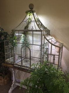 a bird cage sitting on top of a wooden table next to a potted plant