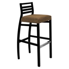 a black metal bar stool with a brown fabric seat pad and backrest on an isolated white background