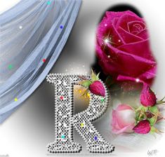 the letter k is made up of diamonds and roses next to a pink rose on a white background