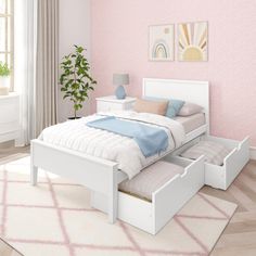 Twin-Size Bed with Panel Headboard and Storage Drawers Wood Full Bed, Full Bed With Trundle, Wood Twin Bed, Full Bed With Storage, Trundle Bed With Storage, Kids Twin Bed, Full Bed Frame, Bed Storage Drawers, Platform Bed With Storage