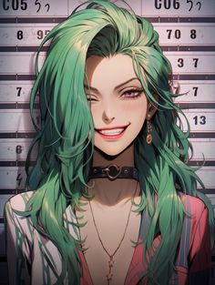 a woman with green hair and piercings in front of a jail cell phone screen