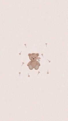 a teddy bear sitting in the middle of dandelions on a white wallpaper background