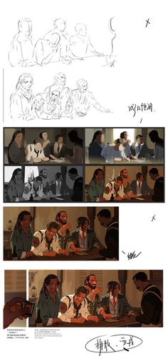 an animation storyboard showing various scenes from different films