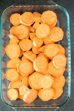 peeled sweet potato chips in a glass dish