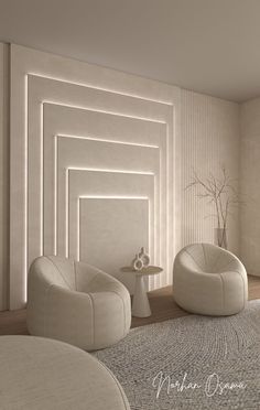 a living room filled with white furniture and walls