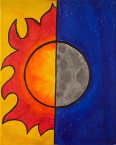 a drawing of two different colors with the same sun and moon