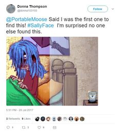 a tweet with an image of a woman's face and blue hair