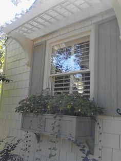 a window with shutters on the side of a house and plants growing in it