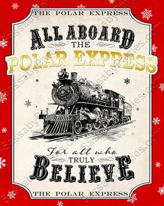 an advertisement for the polar express with a train on it's front and snowflakes in the background