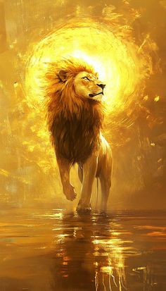 a painting of a lion standing in water with the sun shining behind it's head