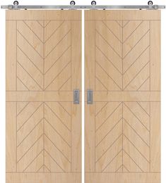 two wooden doors with metal handles on each side and an arrow pattern in the middle