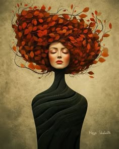 a painting of a woman with red hair and leaves on her head, as if she is floating in the air