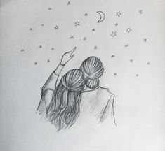 a drawing of a girl with her hand up in the air and stars behind her