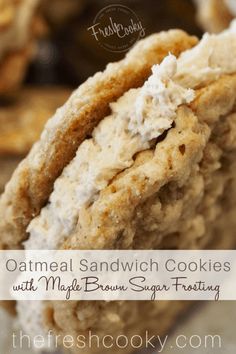 an oatmeal sandwich cookies with maple brown sugar frosting is stacked on top of each other