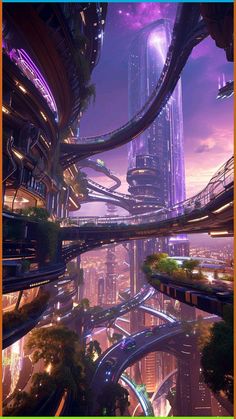 the futuristic city is surrounded by tall buildings