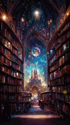 a large library filled with lots of books under a sky full of stars and planets