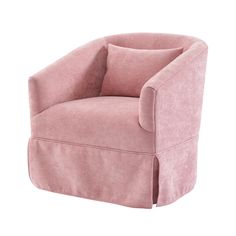 a pink chair that is sitting up against a white wall