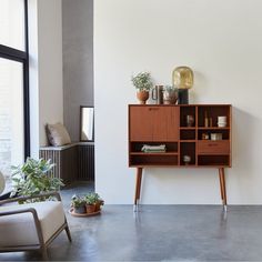 a living room with furniture and plants on the shelf