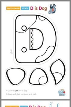 the letter d is for dog coloring page with an image of a dog's face