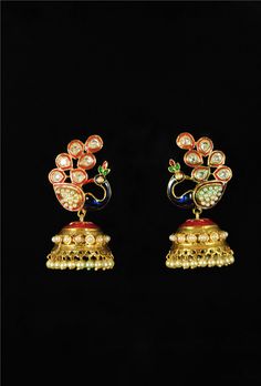 Traditional peacock style earrings with jhumki - Desi Royale Traditional Peacock, Brass Polish, 1 Gram Gold Jewellery, Gold Pearl Jewelry, Pure Gold Jewellery, Mommy Jewelry, Buy Gold Jewelry, 22k Gold Jewelry, Online Gold Jewellery