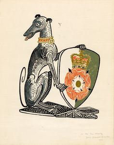 a drawing of a dog with a crown on it's head sitting in front of a shield