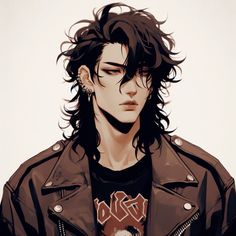 a drawing of a man with long hair and piercings on his ear wearing a leather jacket