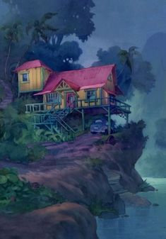 a painting of a house sitting on top of a cliff