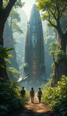 two people walking down a dirt road in front of a giant spaceship