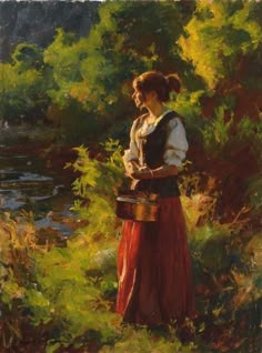 a painting of a woman holding a basket in her hands and standing next to a river