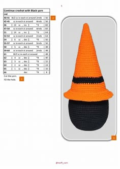 an orange crocheted witch's hat with black yarn on it and measurements