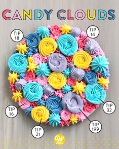 an advertisement for candy clouds with colorful icing flowers on the top and below it