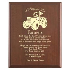 Plaque photo: Farmer's Prayer Plaque design with free personalization. Wood style finish with customized text. Wheat Logo, Keyhole Hanger, Christian Prayers, Medical Design, Gifts For Farmers, A Farmer, Easy Gifts, Cherry Wood, Farm Life