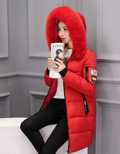 Warm Padded Fur Hooded Women’s Winter Jacket Puffer Coats, Red Army, Winter Jackets Women, Cotton Jacket, Jacket Women, Fur Collar, Types Of Collars, Fabric Material, Chic Outfits